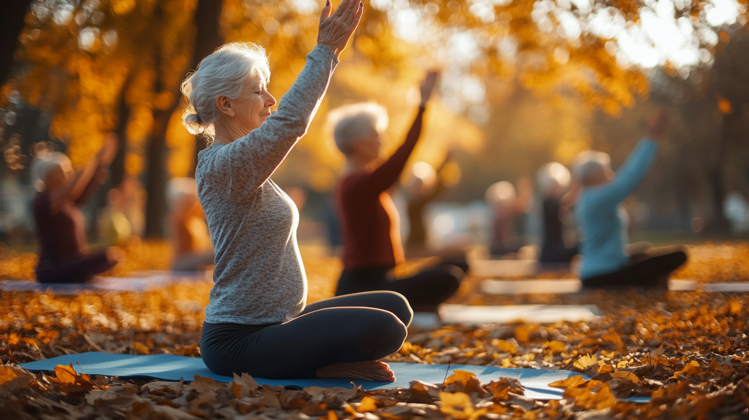 Възрастни хора практикуват йога в група